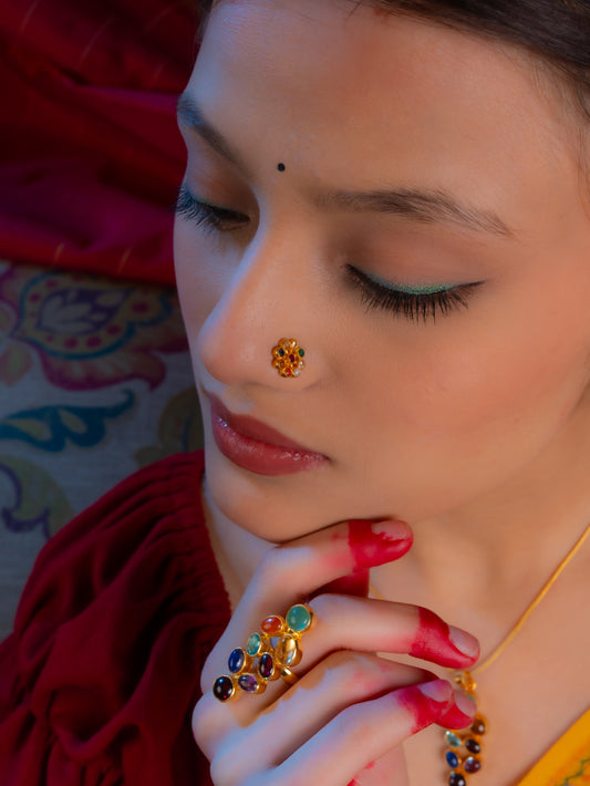 Navratna Screw Back Gold Plated Silver Nose Pin