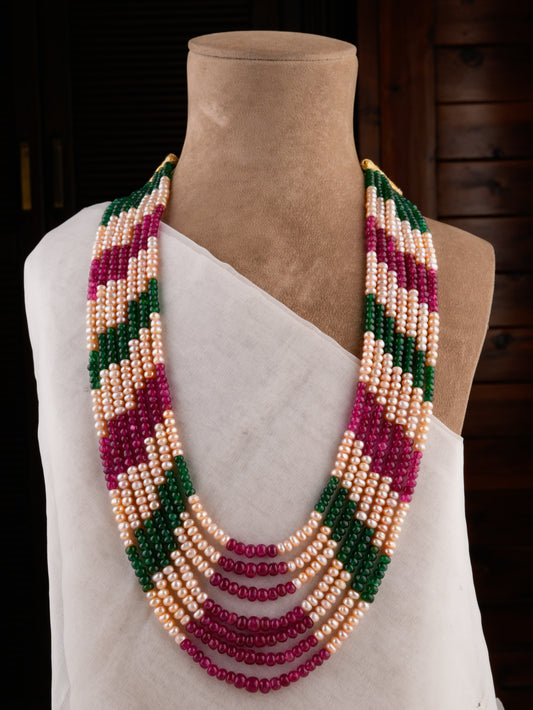 Layered Ruby Emerald Pearl Necklace