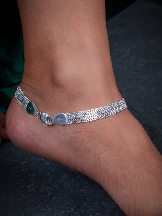 Herringbone Link Silver Anklets