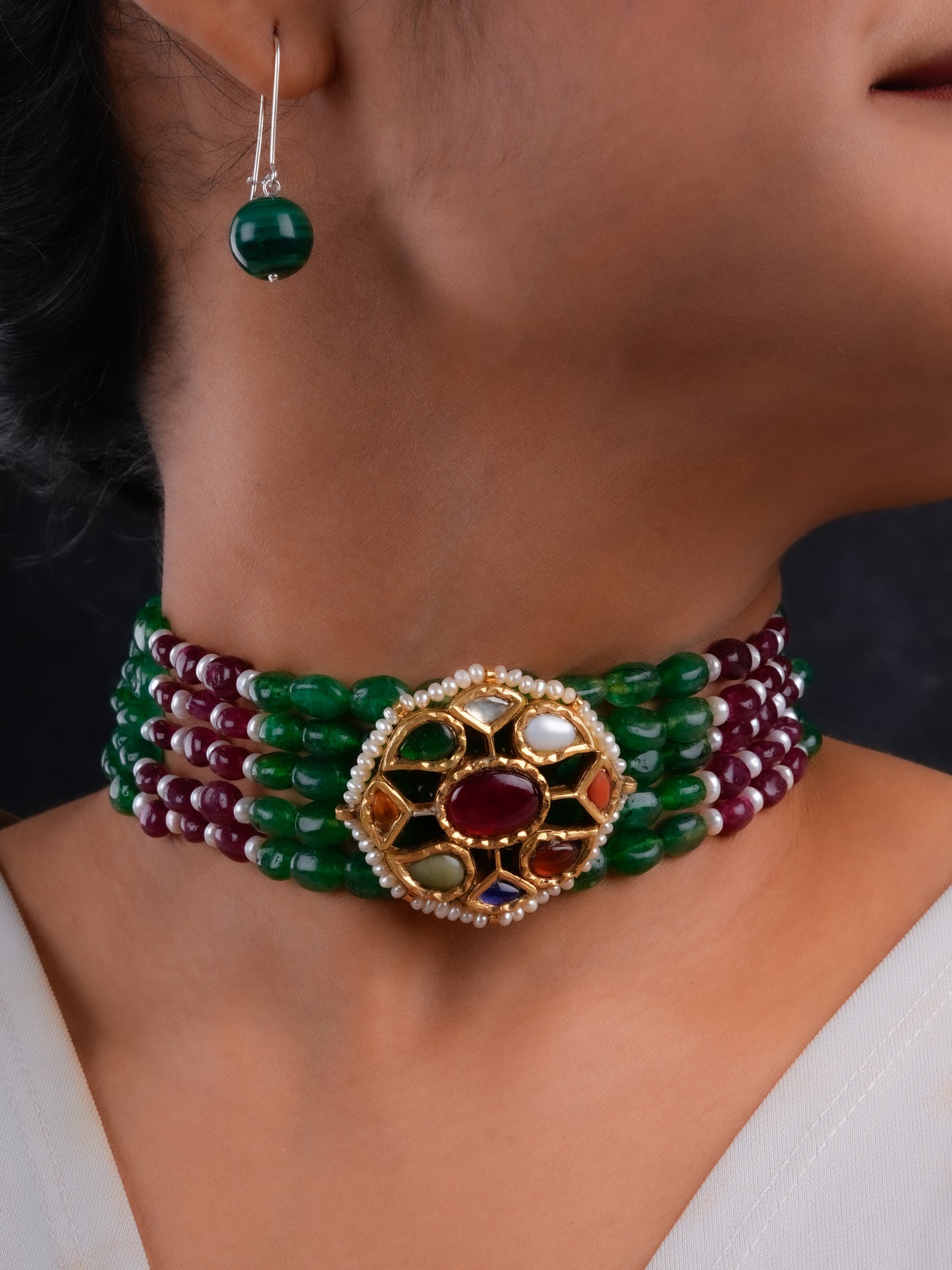 Navratna Gold Plated Silver Choker