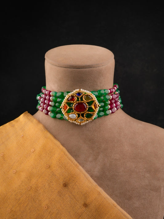Navratna Gold Plated Silver Choker Set