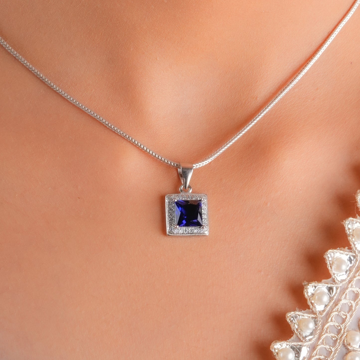 Square Blue Crystal And Zircon Necklace Set