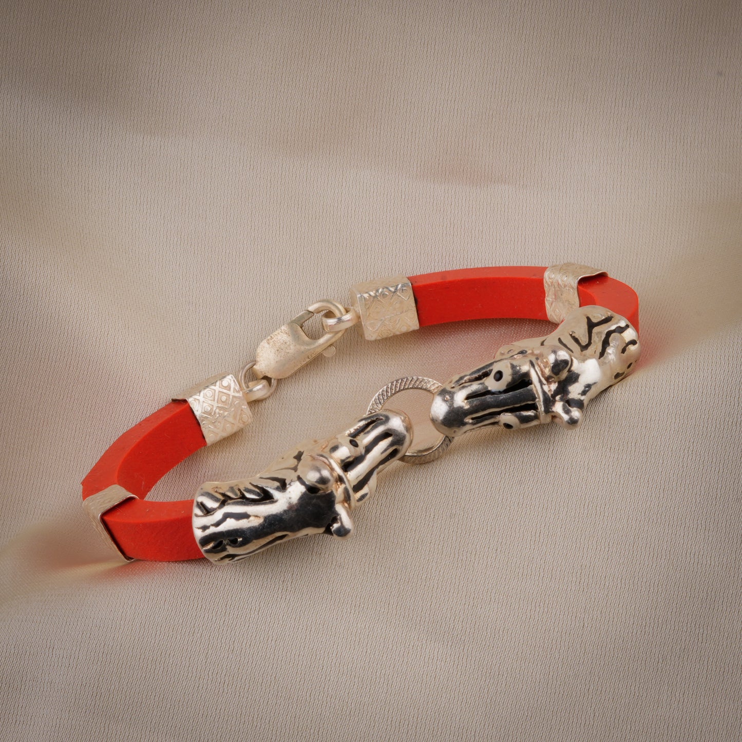 Silver Tiger With Red Strap Bracelet