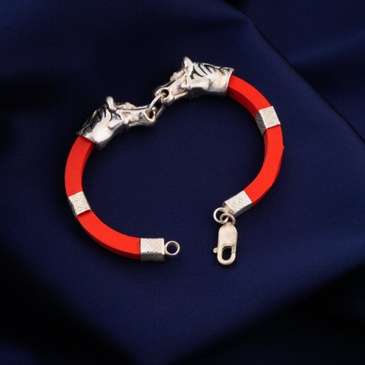 Silver Tiger With Red Strap Bracelet