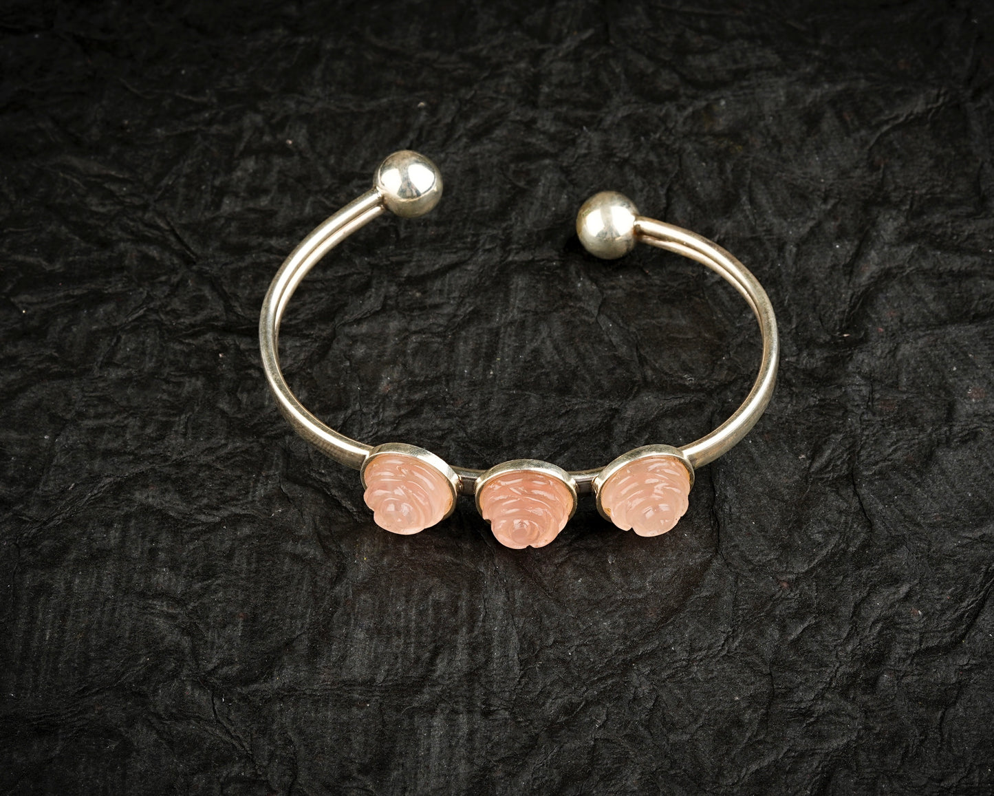 Rose Quartz Roses Flexible Silver Bangle