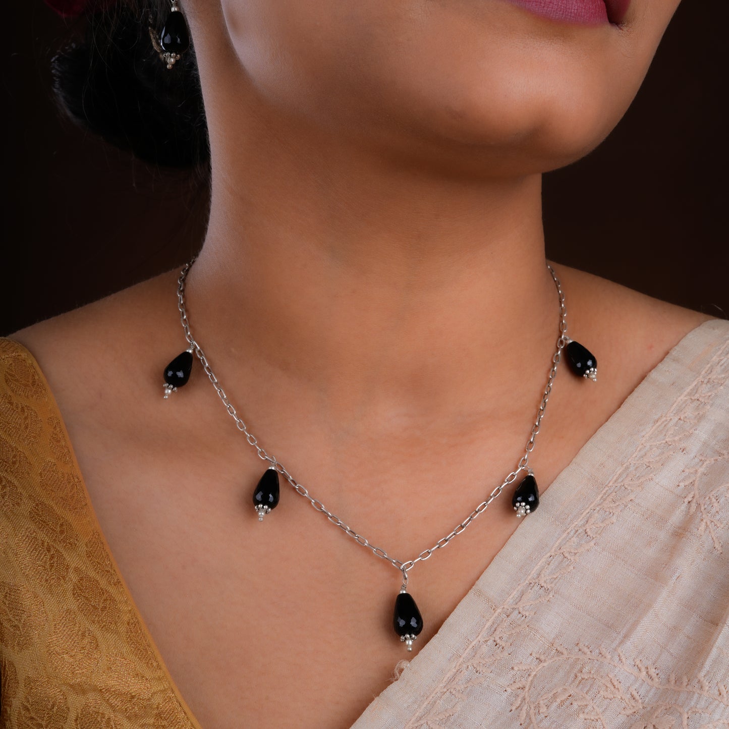 Black Onyx Drops Minimal Necklace Set