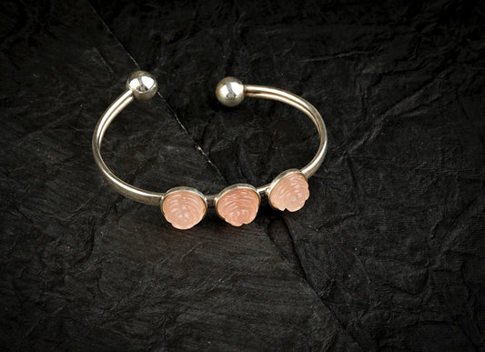 Rose Quartz Roses Flexible Silver Bangle