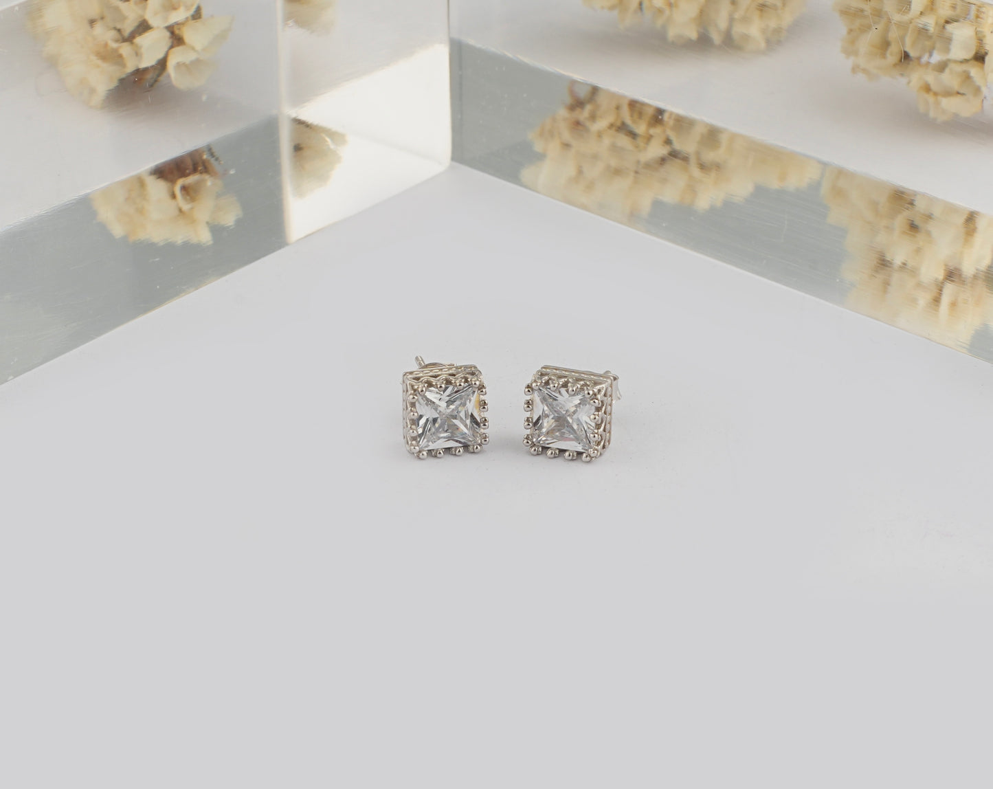 Princess Cut Silver Zircon Studs