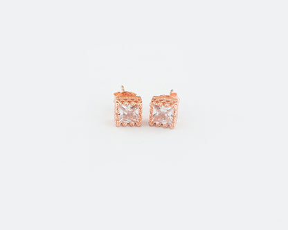 Cushion Cut Rose Gold plated Silver Solitaire Studs
