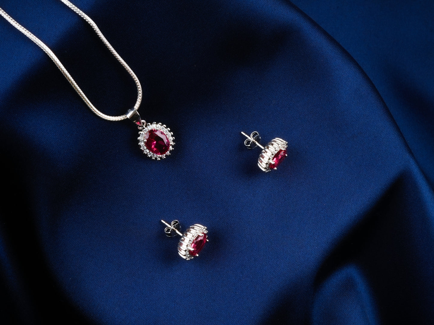 Ruby CZ Silver Necklace Set