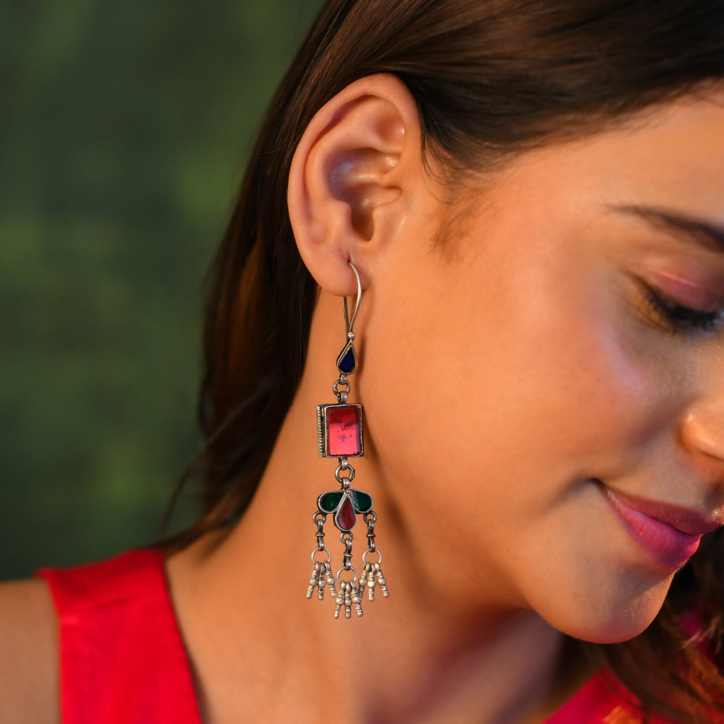 Silver Ruby Red Glass Earrings