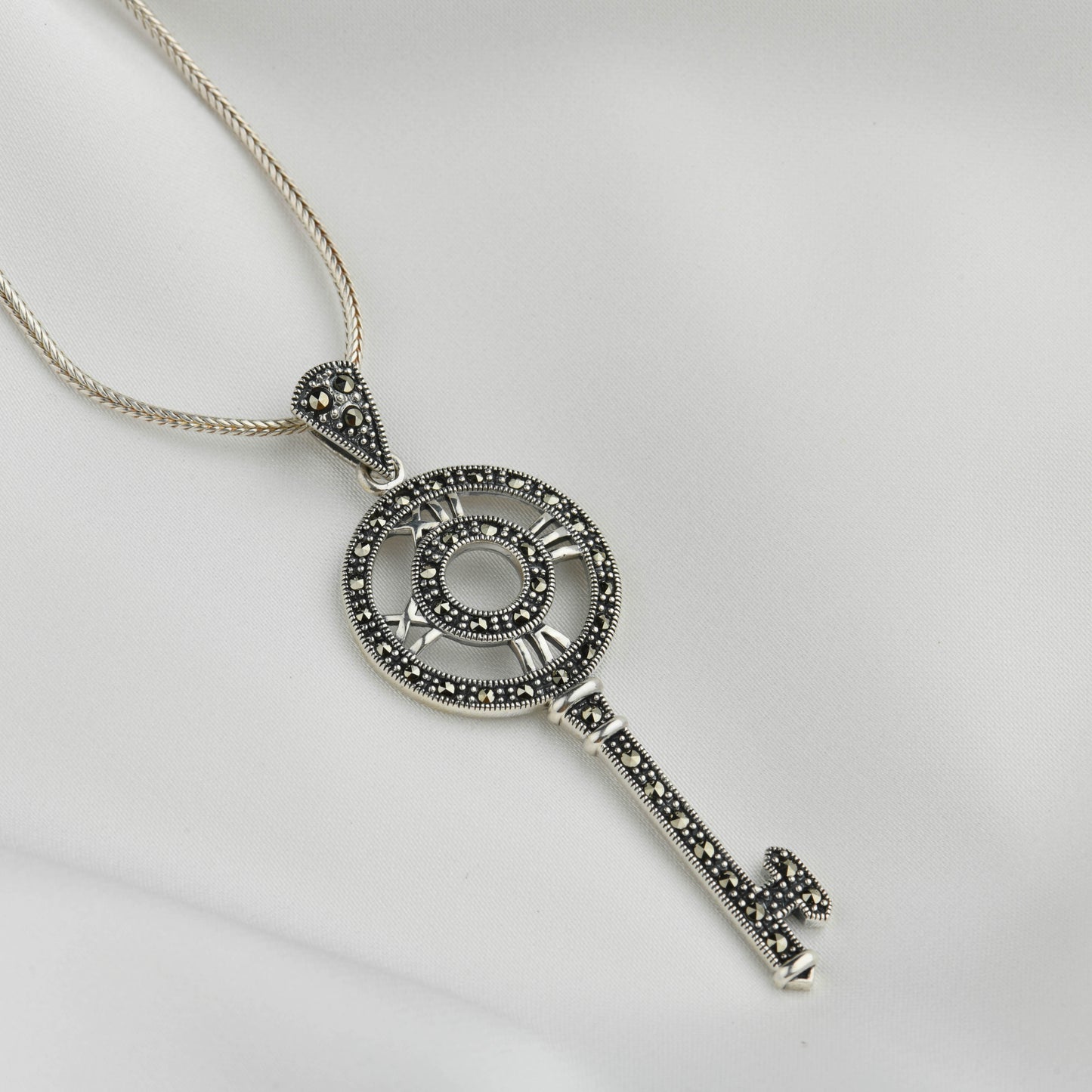 Enchanted Key: Marcasite Silver Pendant