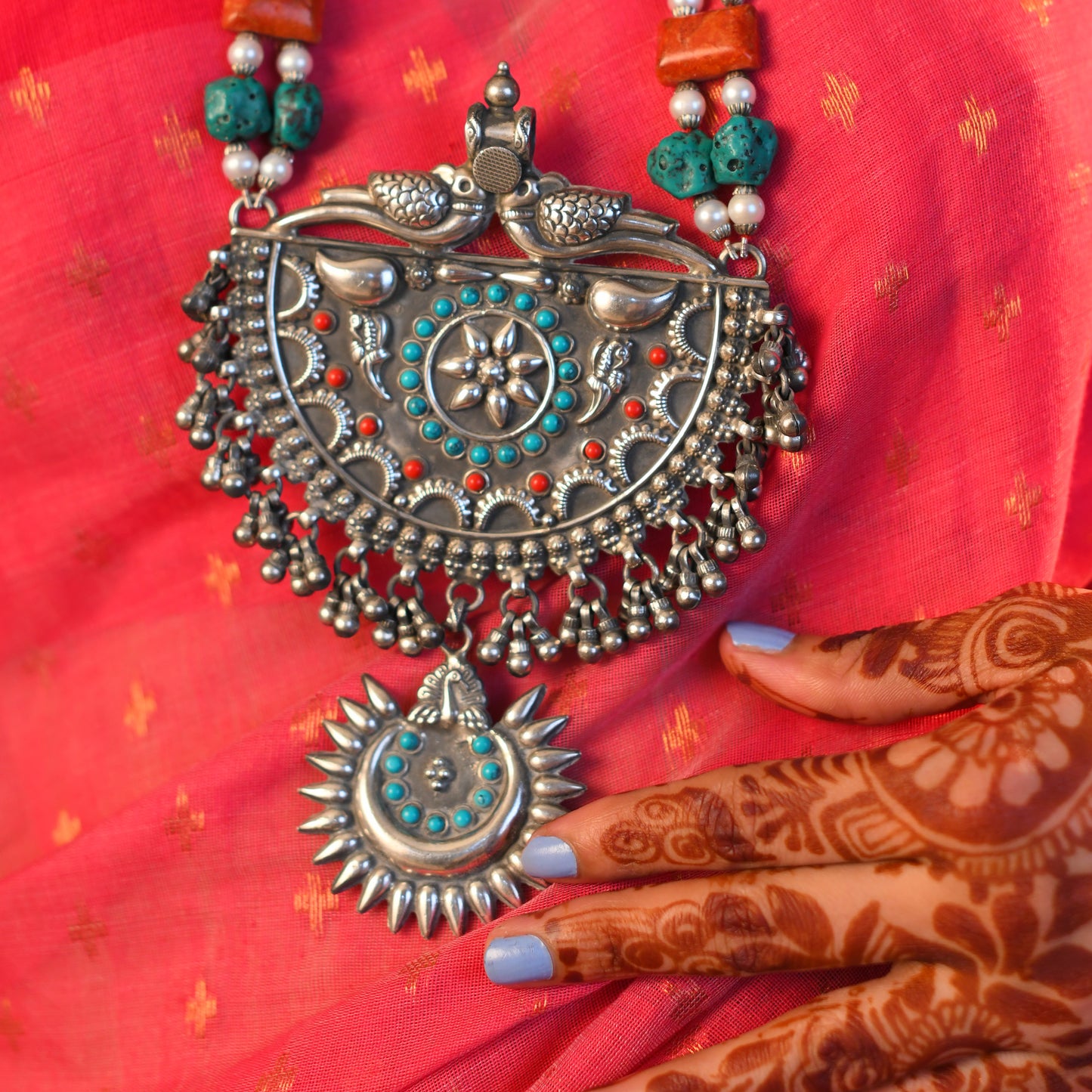 Silver Coral and Turquoise Designer Necklace