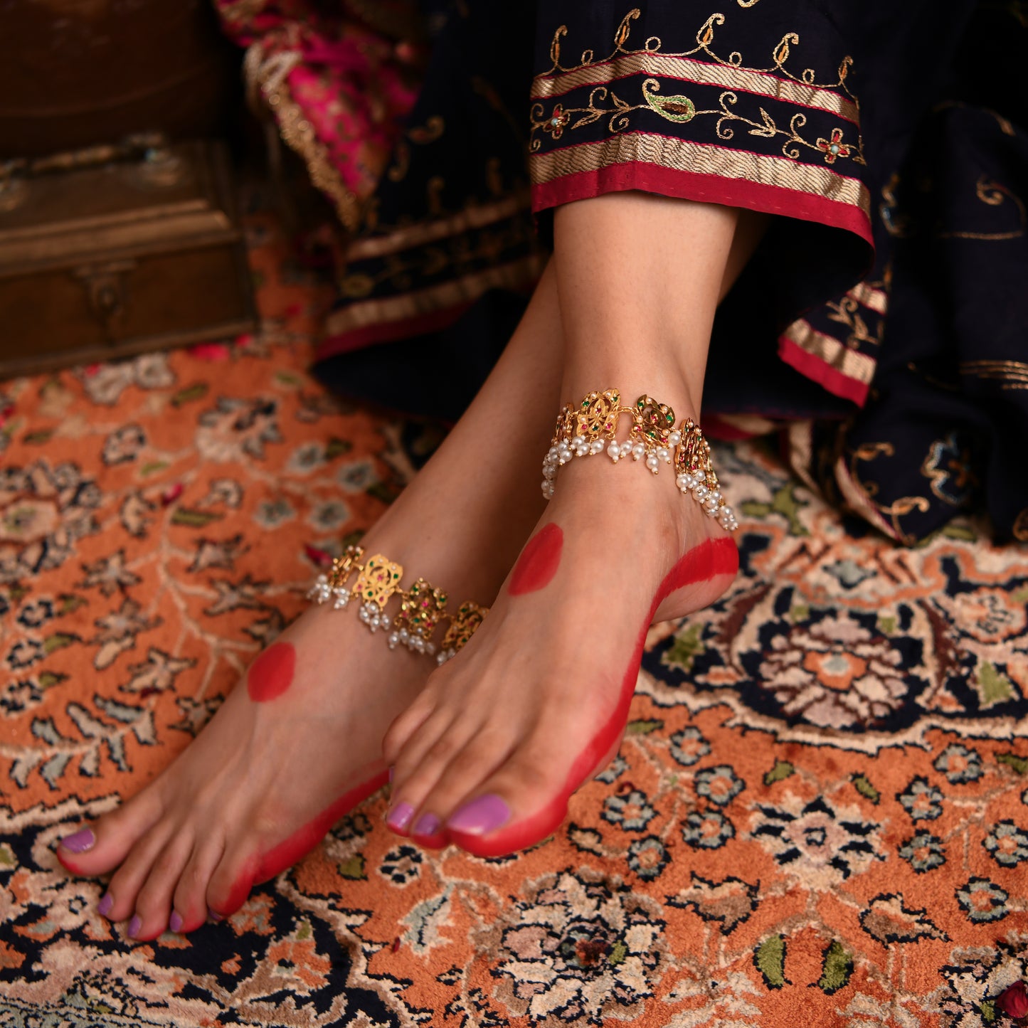 Purani Dilli Kamal Phool Gold Plated Silver Anklets