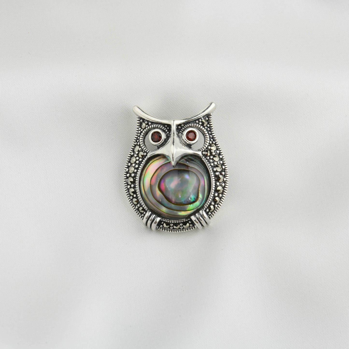 Garnet-Eyed Marcasite Owl Shell Brooch Cum Pendant