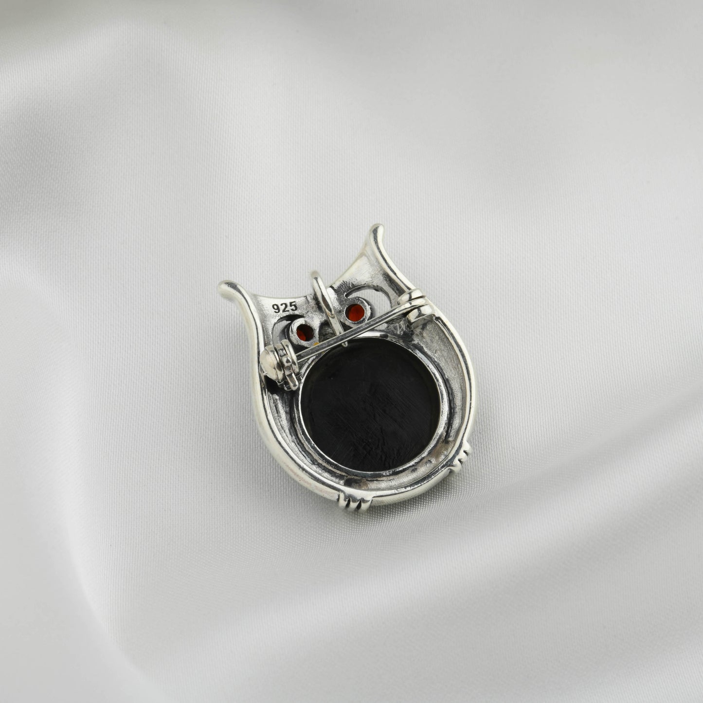Garnet-Eyed Marcasite Owl Shell Brooch Cum Pendant