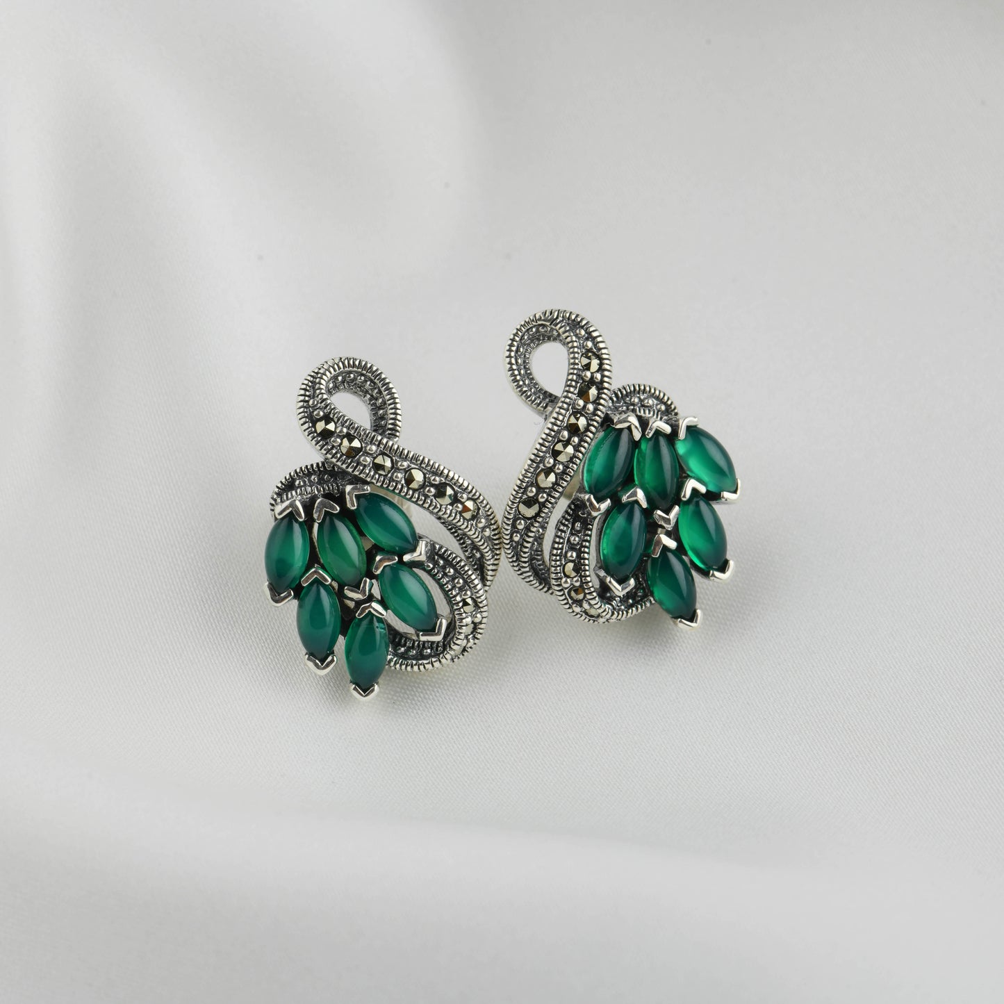 Lush Green Onyx Marcasite Drop Silver Earrings