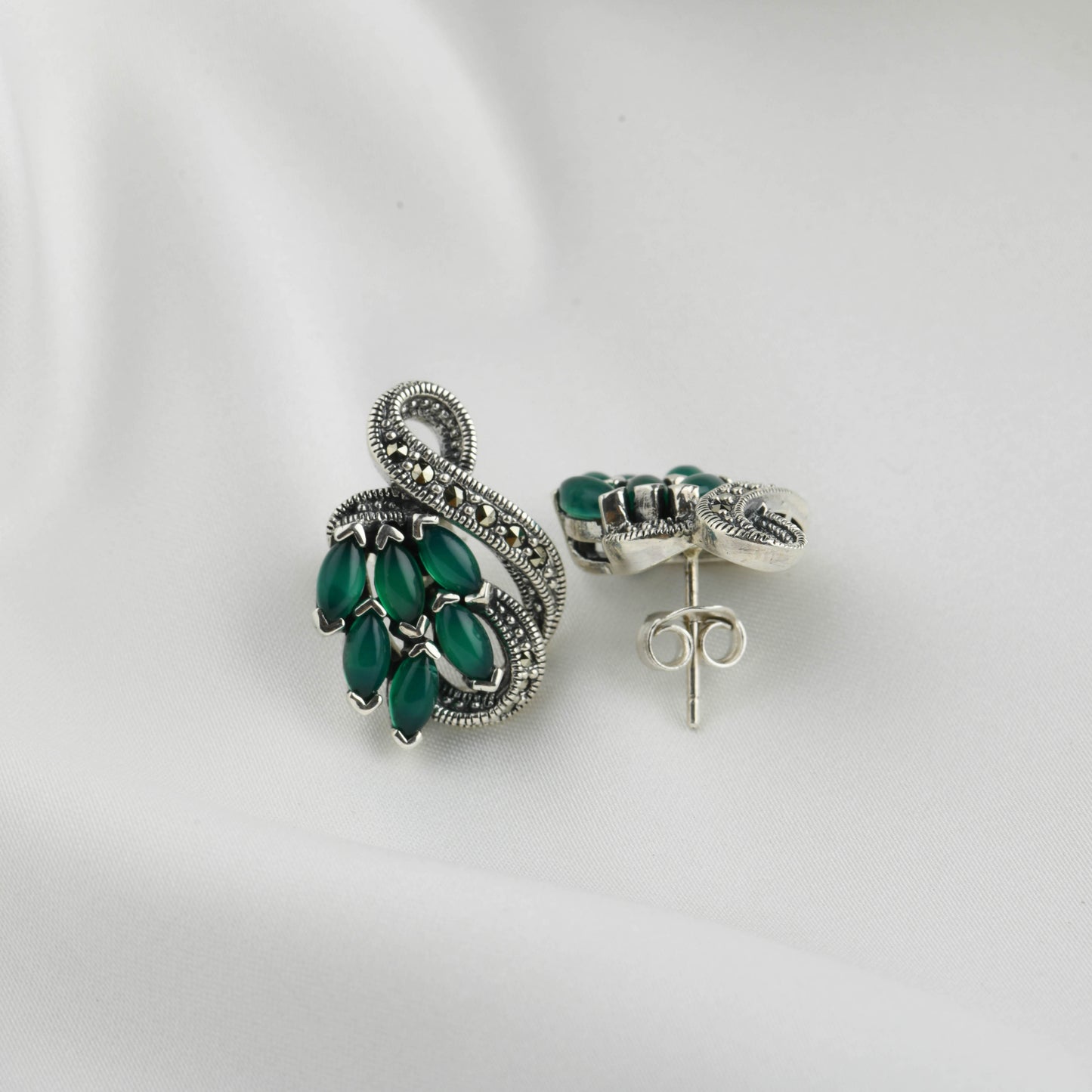 Lush Green Onyx Marcasite Drop Silver Earrings