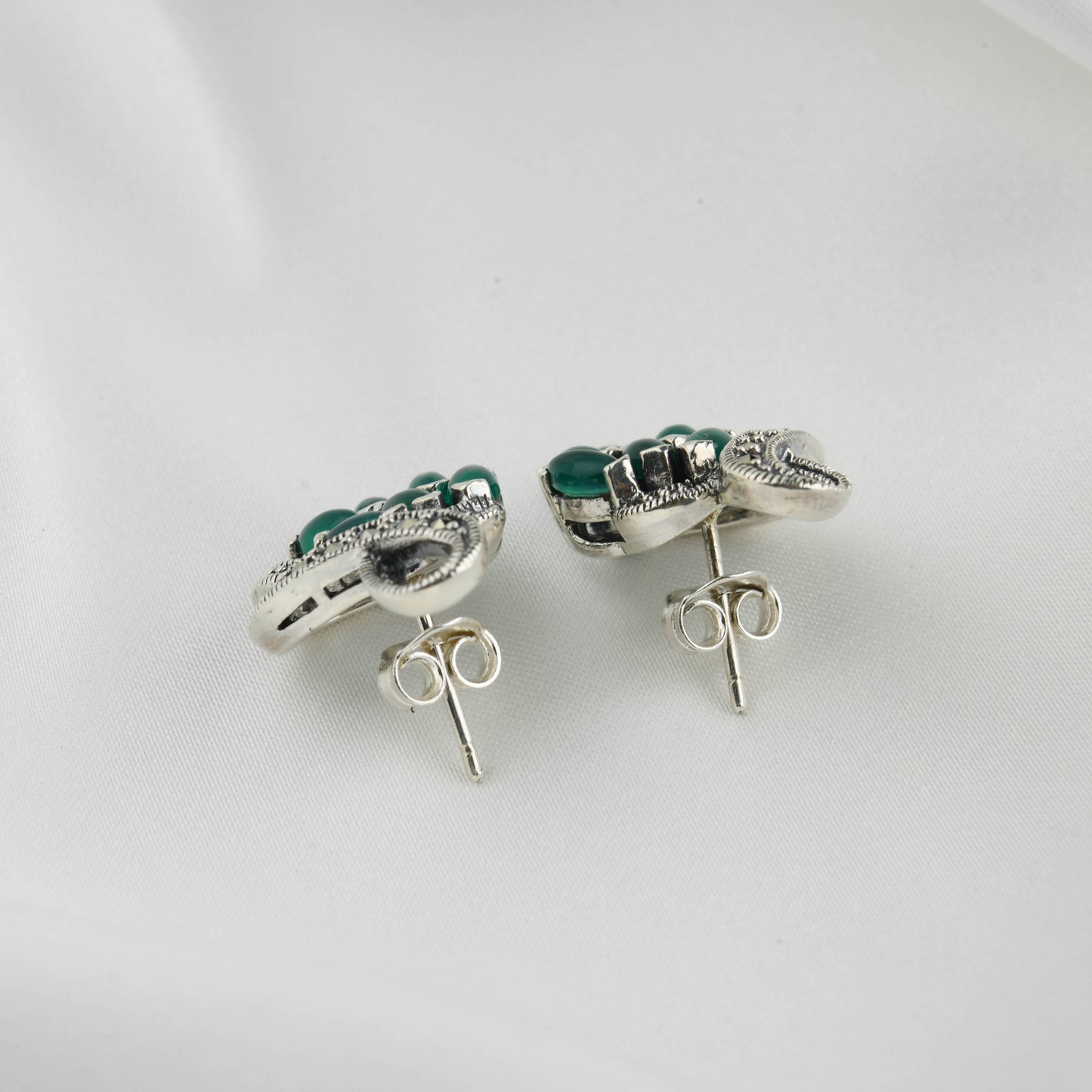 Lush Green Onyx Marcasite Drop Silver Earrings