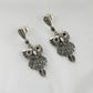Garnet-Gleaming Owl Silver Marcasite Drop Earrings