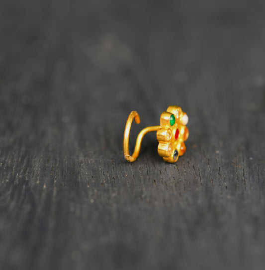 Nav Ratna Gold Plated Silver Nose Pin