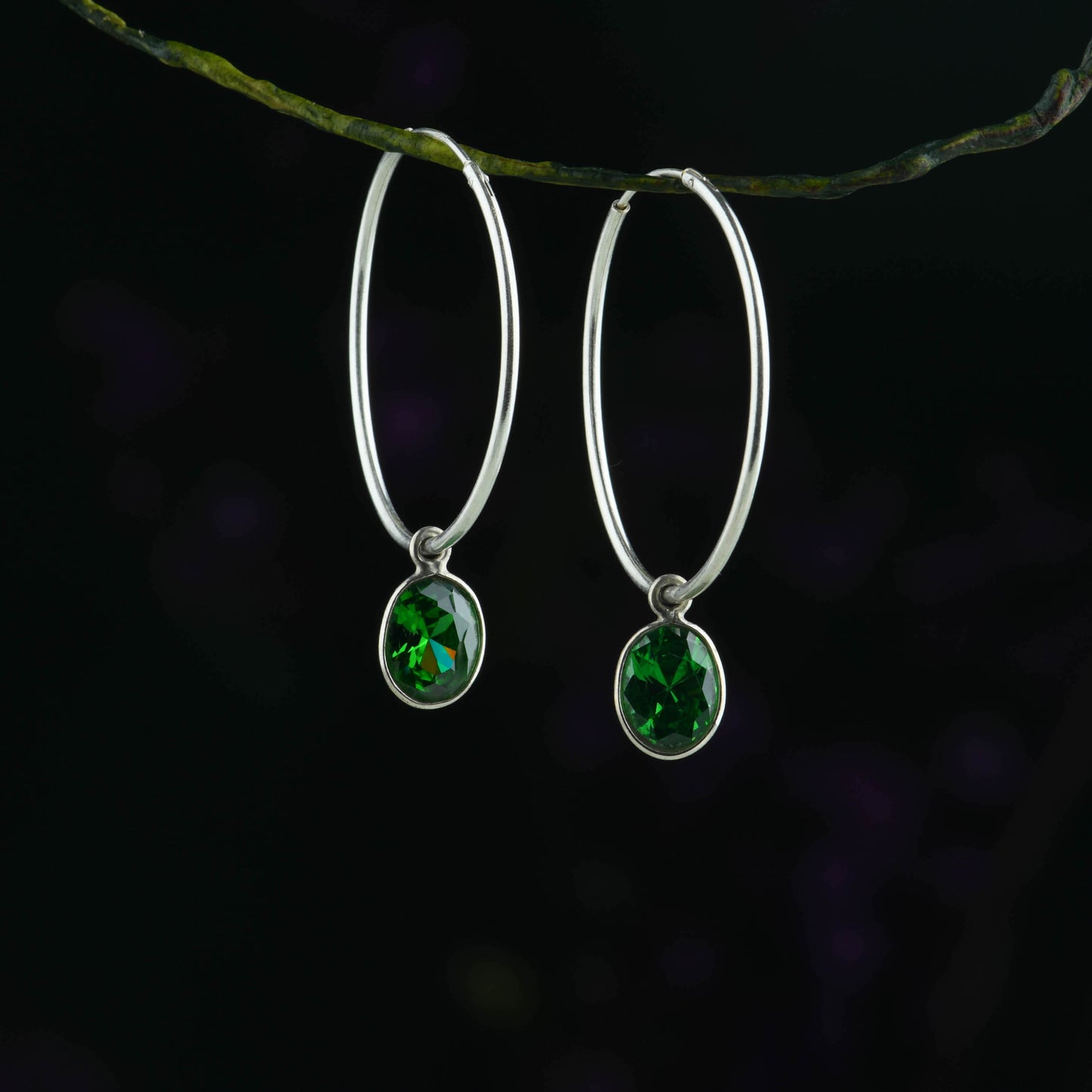 Emerald Green Drops Silver Hoops