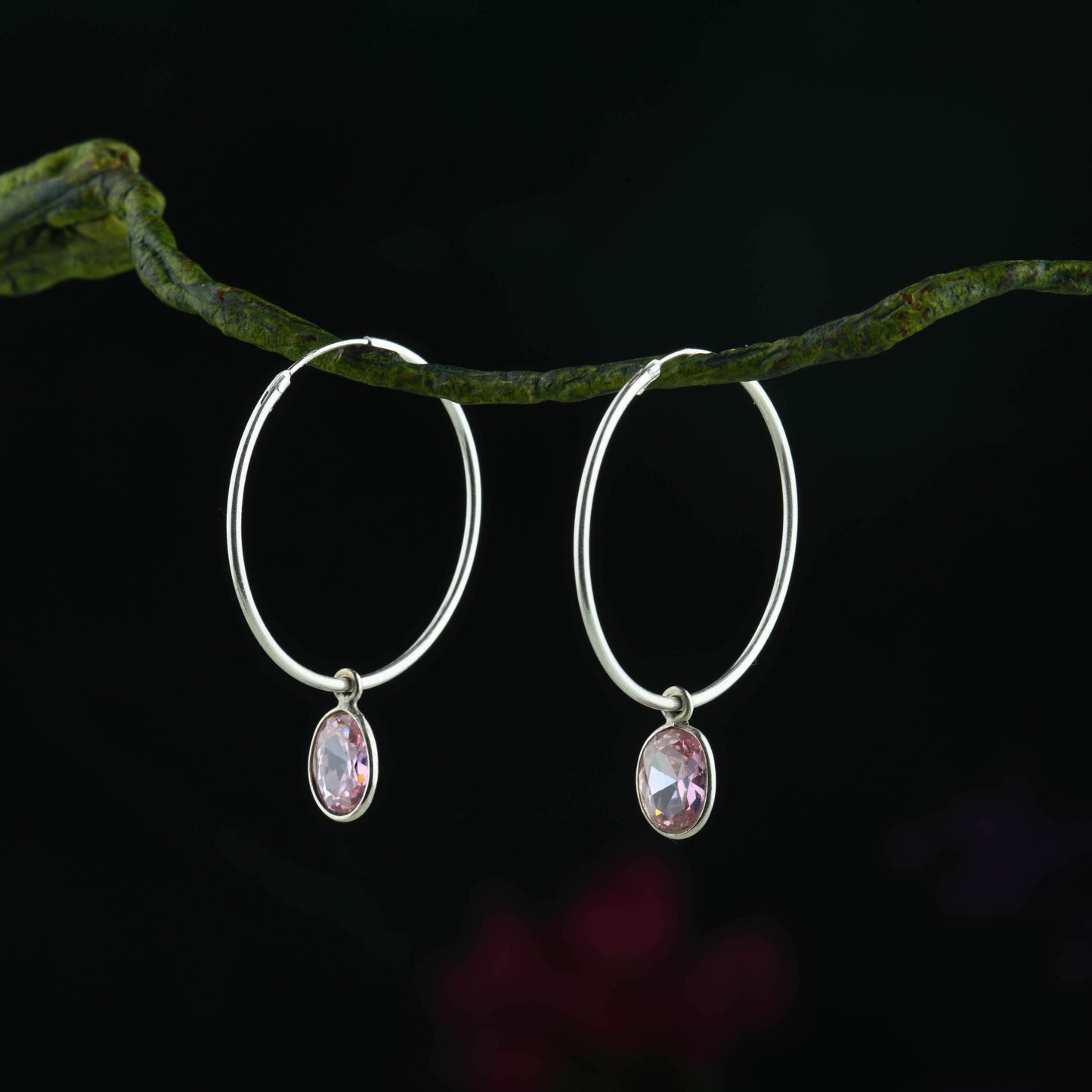Pink Crystal Drops In Silver Hoops
