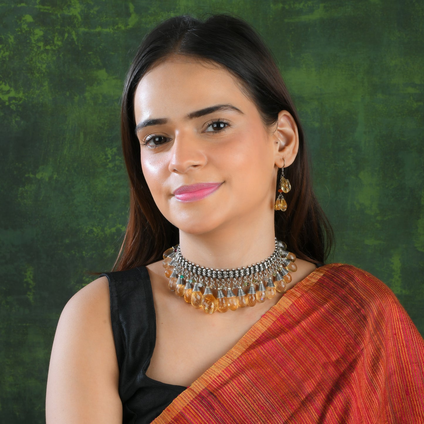 Citrine Drops Silver Necklace Set