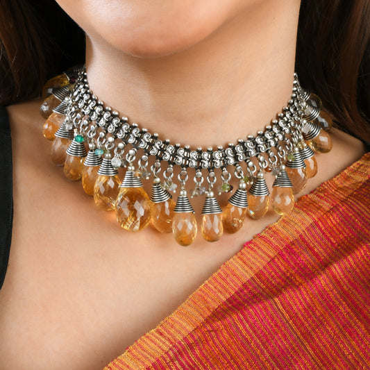 Citrine Drops Silver Necklace Set
