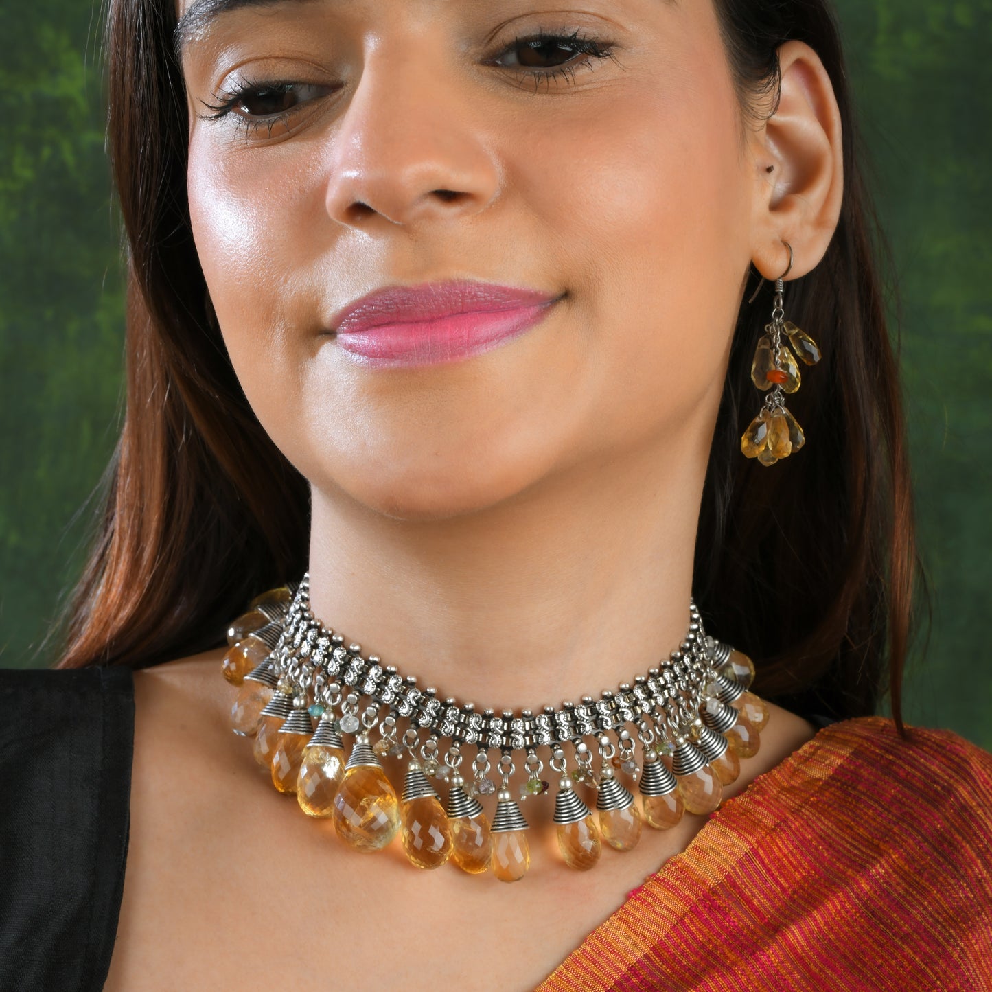 Citrine Drops Silver Necklace Set