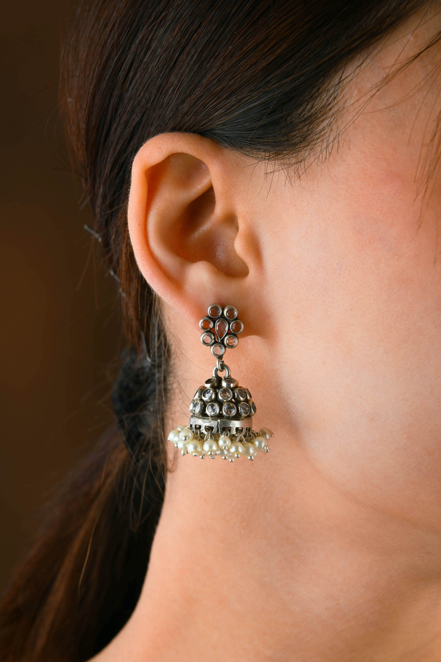 HIbiscus Silver Jhumki With Pearl Tassels