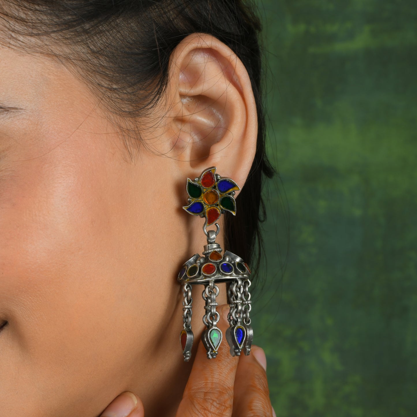 Madhu Chandrika Mirror Silver Jhumki