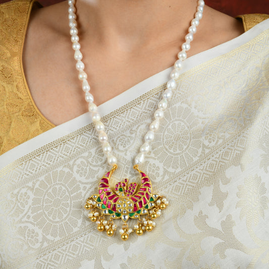 Peacock Pearl Gold Plated Silver Kundan Necklace