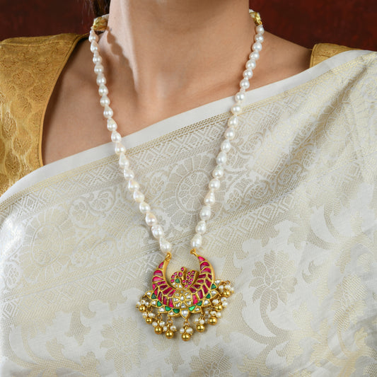 Peacock Pearl Gold Plated  Silver Kundan set