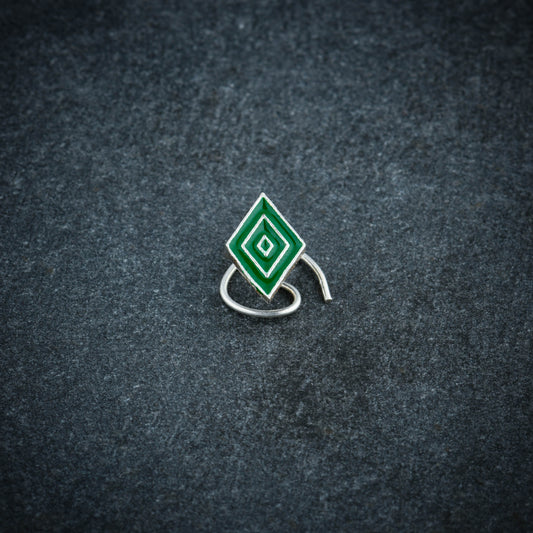 Green Diamond Shaped Silver Nose Pin