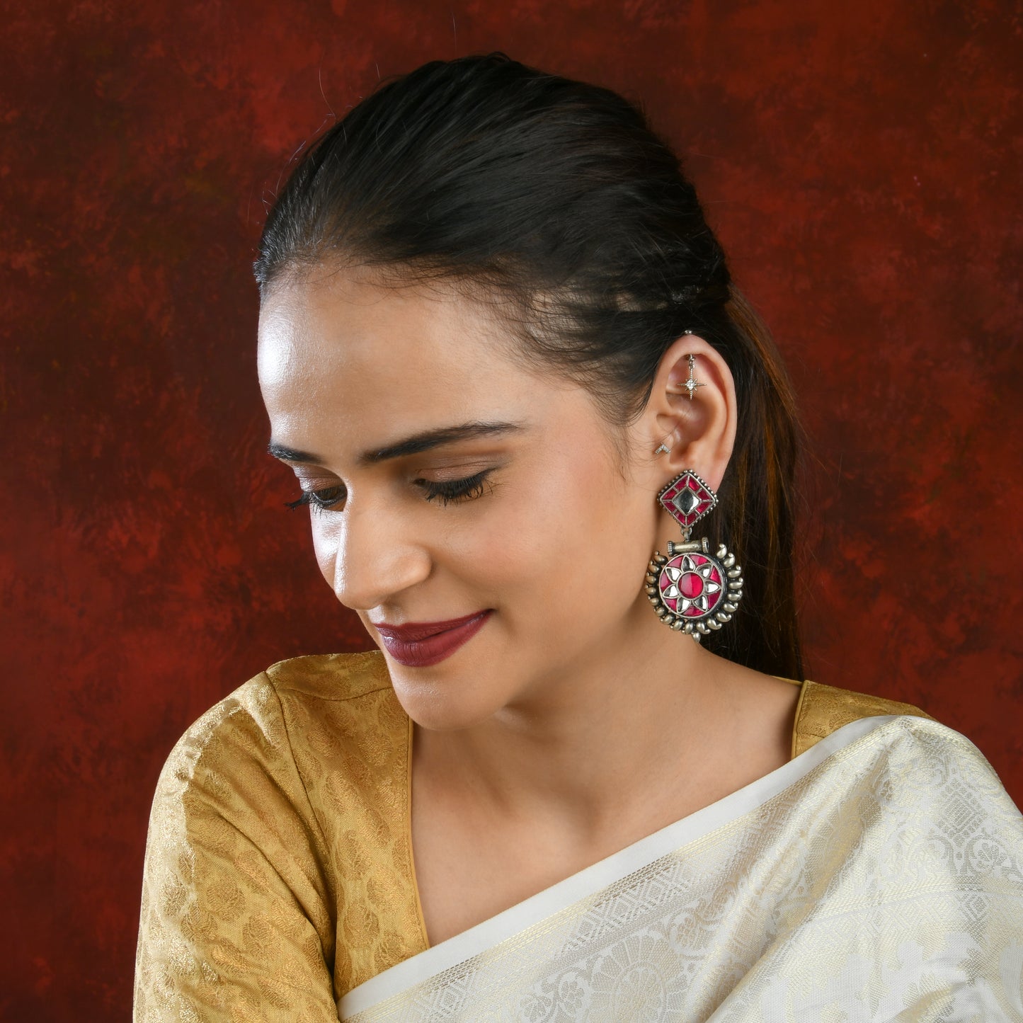 Pink Kundan Silver Studs