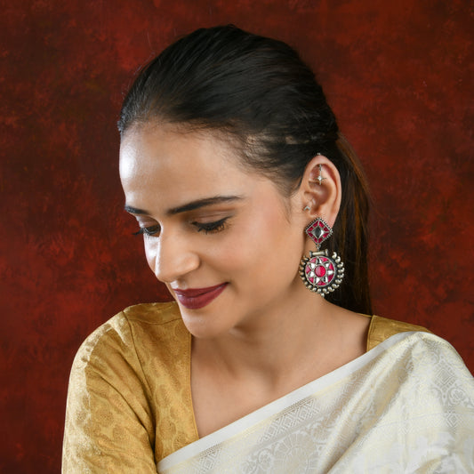 Pink Kundan Silver Studs