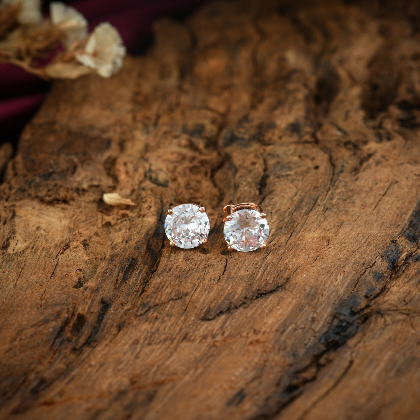Round Solitaire Rose Gold Plated Silver Studs
