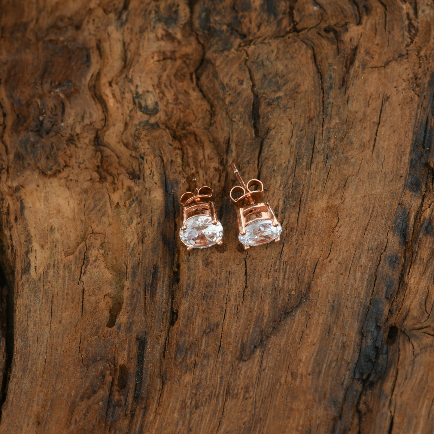 Round Solitaire Rose Gold Plated Silver Studs