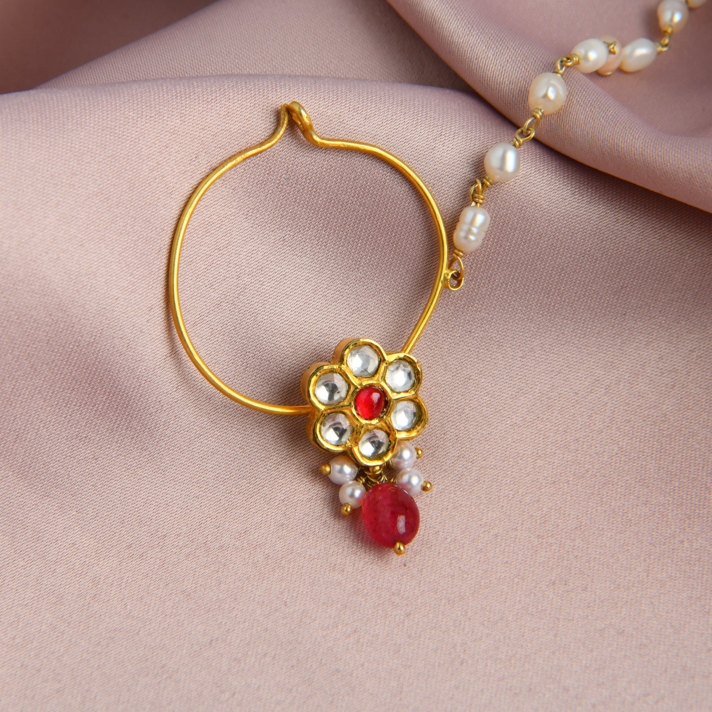 Elegant Silver Kundan Nose Pin( Piercing Type)