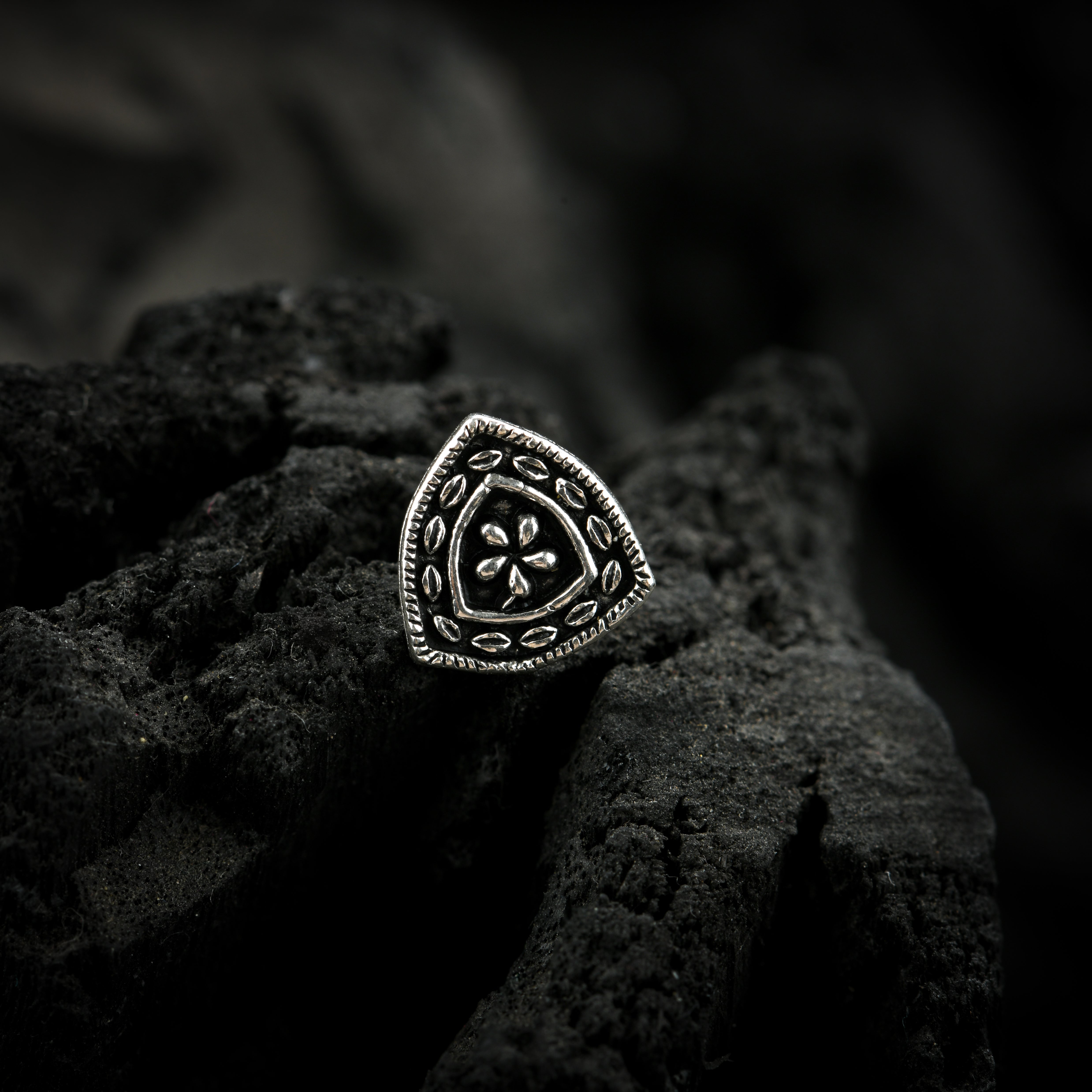 Floral Shield Oxidised Silver Nose Pin, an example of a stud nose pin