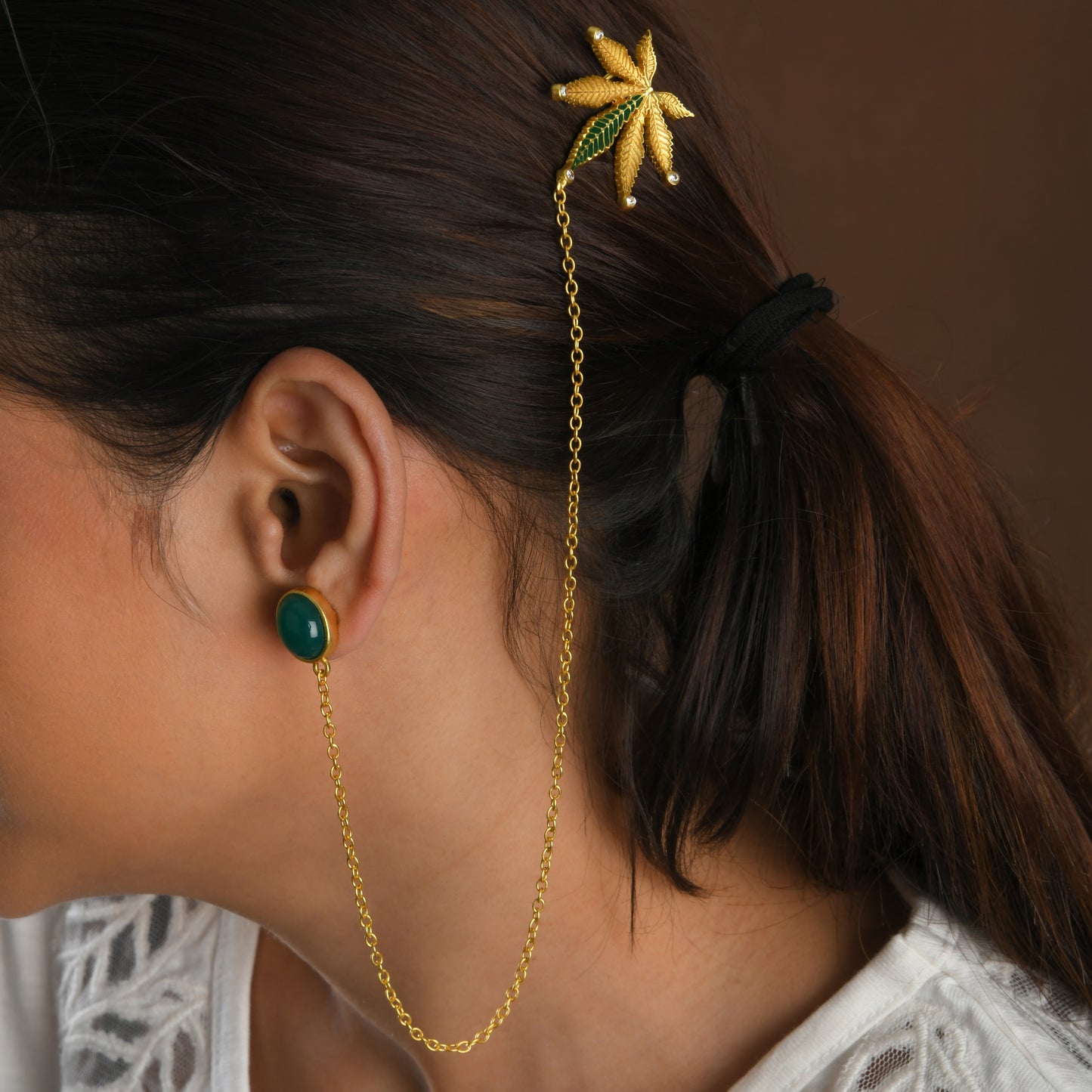 Corbett Canabis Leaf Earrings With Chains