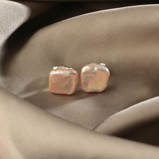 Peach Square Freshwater Pearl Studs