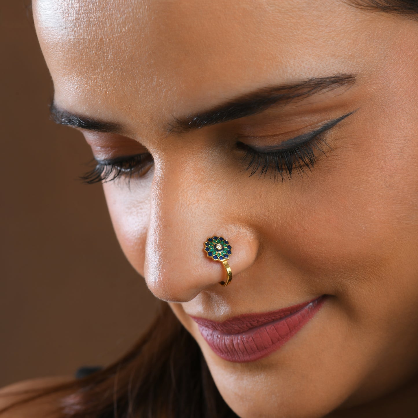 Sunflower Spark Gold Plated Silver Meena Clip on Nose Pin