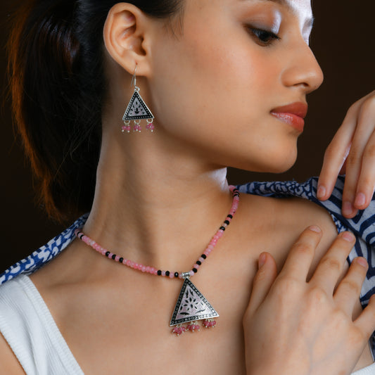 Hand Painted Pink Mystic Triangle Enamel Silver Necklace Set