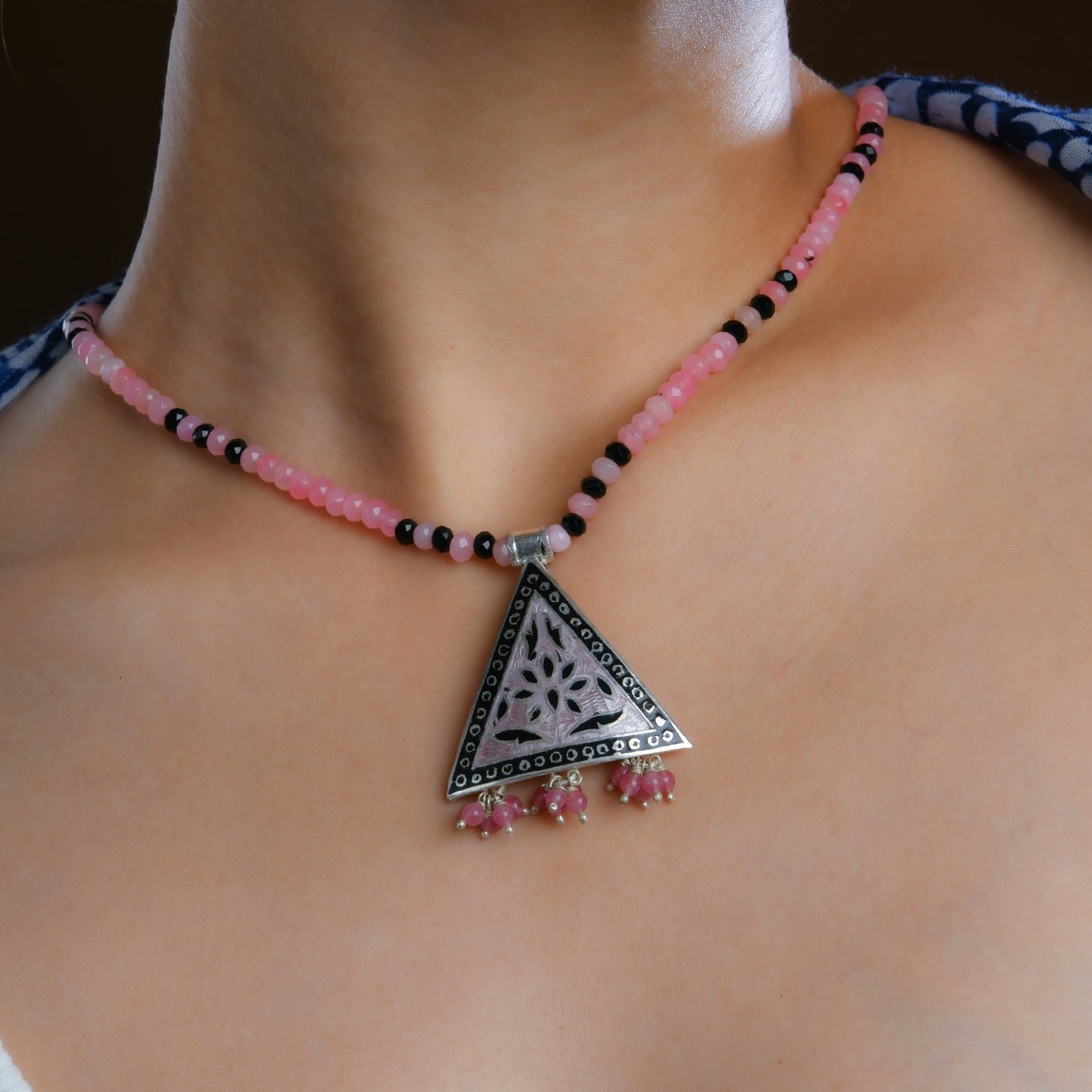 Hand Painted Pink Mystic Triangle Enamel Silver Necklace Set