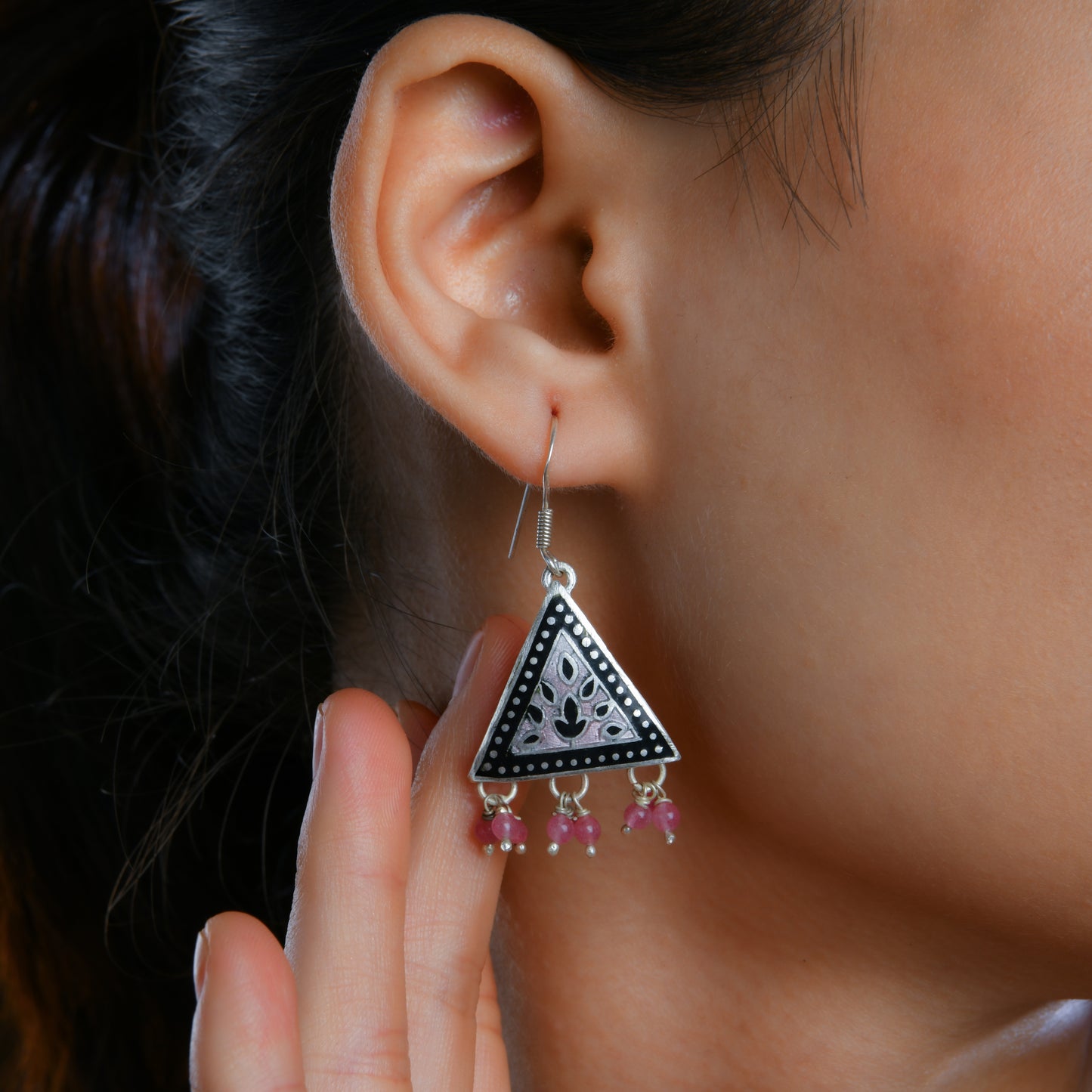 Hand Painted Pink Mystic Triangle Enamel Silver Necklace Set