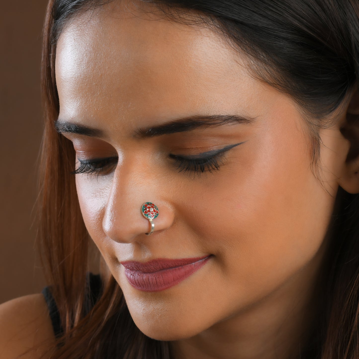 Red Carnation Enamel Silver Nose Pin