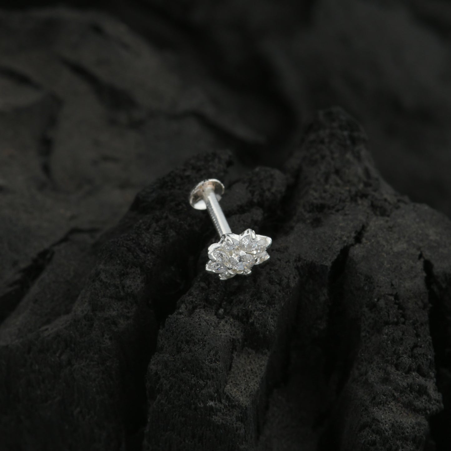 Floral CZ Silver Nose Pin