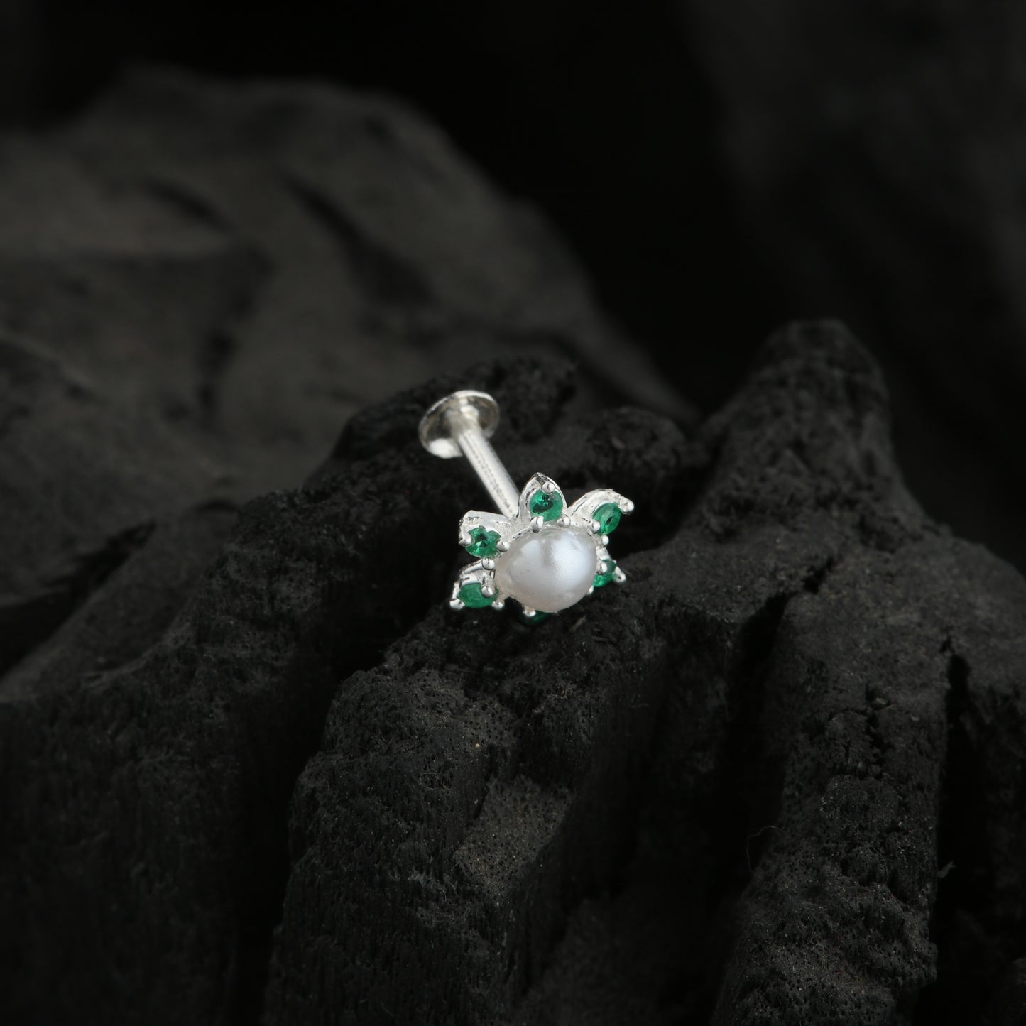 Pearl CZ Flower Silver Nose Pin